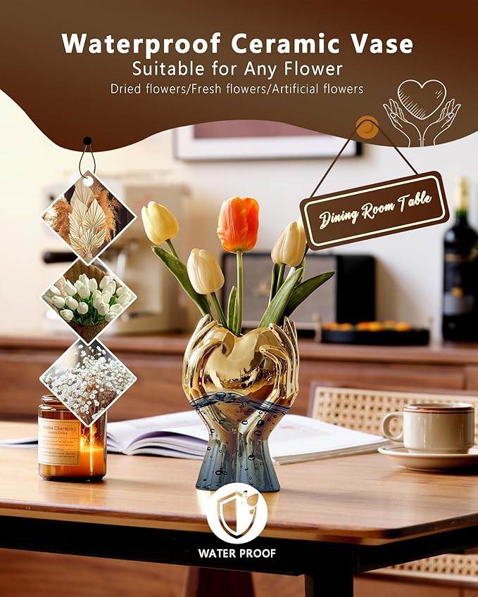 8" Heart Hand Gold Ceramic Vase - Unique Modern Aesthetic Flowers Vase for Living Room Bedroom Office Kitchen Table Centerpiece or Shelf Decor-Gifts for Wedding Bridal Shower Women Mom (Gold)