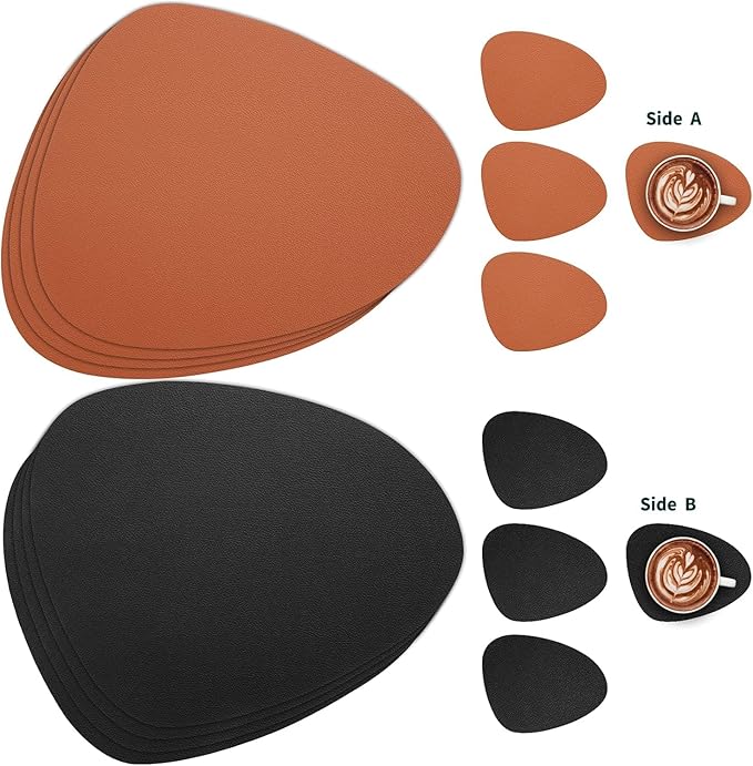 Myir JUN Placemats, Dual-Sided Placemats Waterproof Faux Leather Placemats Set of 4 Place Mats and Coasters Non-Slip Washable Table Mats for Dining Table (Black Brown, Set of 4)