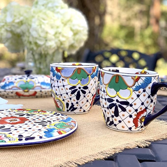 Encantada Handmade Hand-Painted Authentic Mexican Pottery Mugs (Dots & Flowers X2)