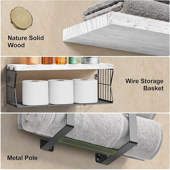 HAMITOR Floating Shelves Wall Mounted Over Toilet: Bathroom Shelf with Towel Rack Paper Holder Storage - Rustic Wood Farmhouse Shelves for Wall Decor/Bathroom