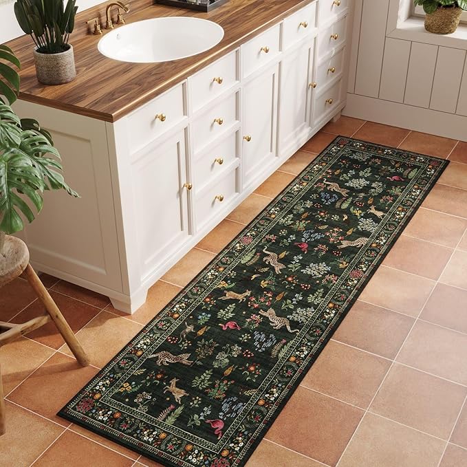 Runner Rug for Kitchen Rug Non Slip 2'x6' Washable Rugs with Rubber Backing Soft Floral Animal Carpet Runner for Kitchen, Laundry, Bedroom, Bathroom (Green)
