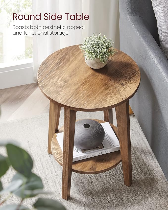 VASAGLE Side Table, Small Round End Table with Lower Shelf, Nightstand for Small Spaces, Living Room, Bedroom, Rustic Walnut ULET283T41