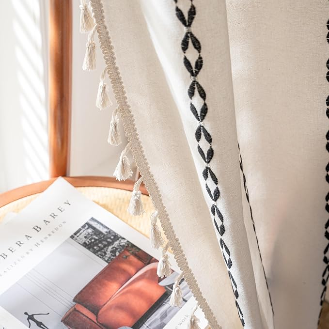 Sutuo Home Boho Farmhouse Curtains 72 Inches Long for Living Room Bedroom Bohemian House Drapes Country Style, Textured Stripe Embroidery Privacy, White and Black 1 Panel W52 x L72