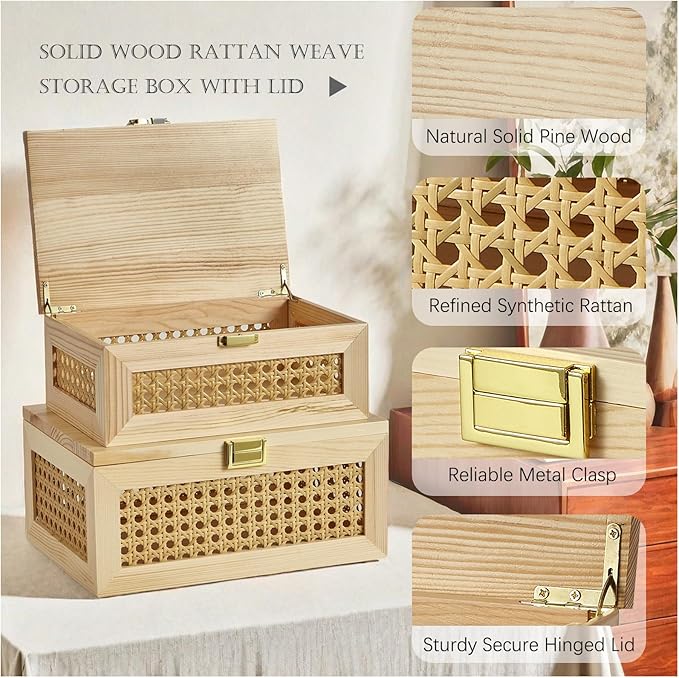 2PCS Decorative Rattan Storage Boxes Solid Wood Baskets Bins with Lid Keepsake Memory Jewelry Box Natural Boho Shelf Wicker Closet Desk Organizer Container (Light Wood, 1 Large 1 Small)