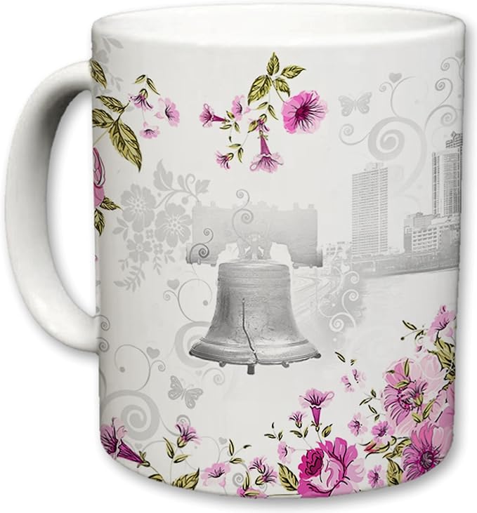 City of Philadelphia Inspired Mug | Ceramic Coffee Cup | Downtown Skyline Background | Liberty Bell & Love Park | Pink Floral | Philly XOXO | Novelty Gift | 11 Fl. Oz (White/Pink)