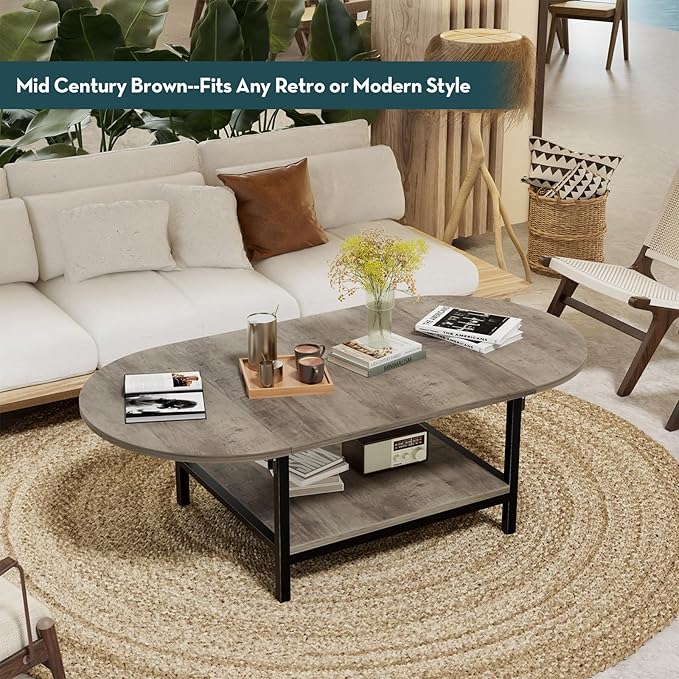 SAYGOER Coffee Tables for Living Room 2-Tier Extended Coffee Table with Storage Vintage Farmhouse Center Table for Large or Small Spaces, Foldable, Gray Wash