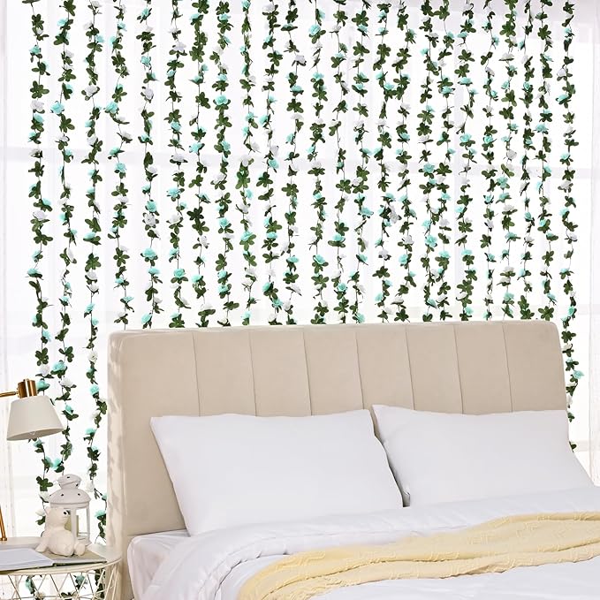 BLEUM CADE 2Pcs 16.4Ft Flower Garland Artificial Rose Vines for Bedroom, Cute Fake Hanging Flower Vines Floral Garland Decorations for Wedding Party Wall Room Decor Aesthetic
