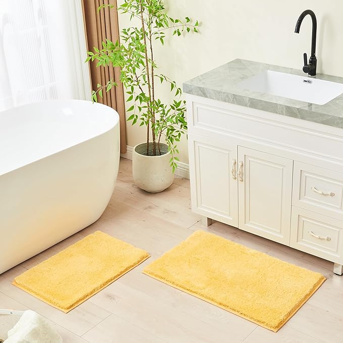 CozeCube Upgraded Shaggy Bath mat for Bathroom Non Slip 20" X 32", Super Soft Quick Dry Bath Rugs, Fluffy Plush Bathroom Rugs Machine Washable, Bright Yellow