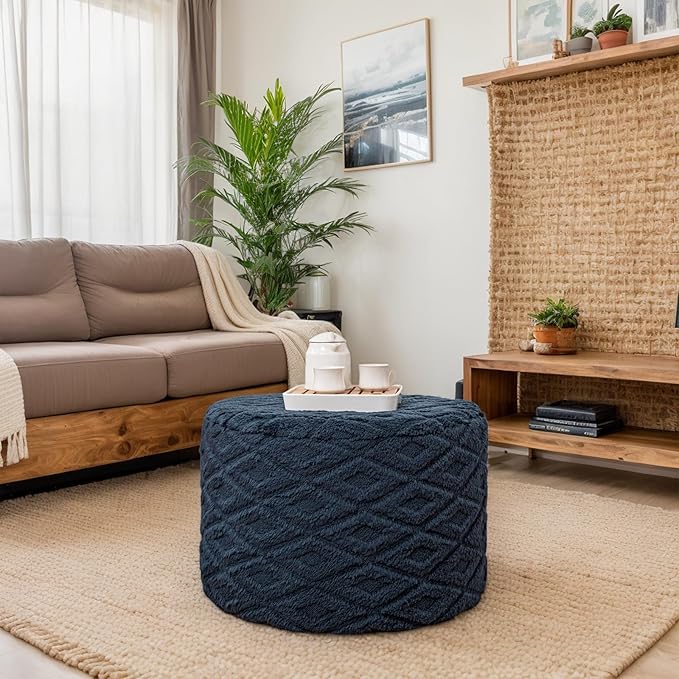Fluffy Round Ottoman Pouf with All-in-One Foam Filling 20" x 14" Furry Ottoman Foot Rest Foot Stool for Living Room or Bedroom (Navy Blue)