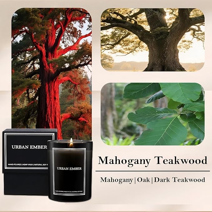 Mahogany Teakwood Scented Candle, Aromatherapy Candle for Home Scented - 55 Hours Long Lasting Soy Wax Candle - Strong Fragranced Black Candle Gift for Women & Men, 8 oz