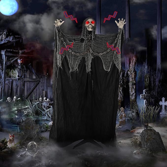 71'' Life Size Halloween Decorations, Halloween Skeleton with Light-Up Eyes & Sound Adjustable Arms Swaying Body Voice/Touch Sensing, Halloween Animatronics for Indoor/Outdoor Yard Lawn Decor, black