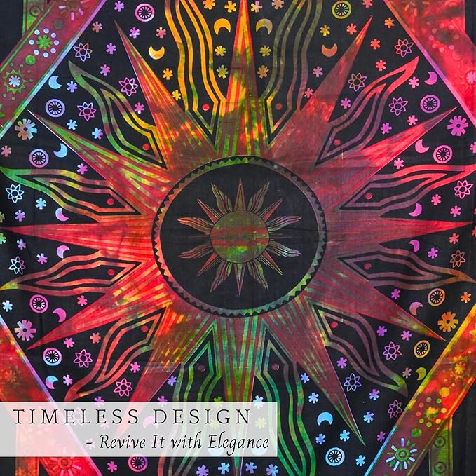 RAJRANG Sun and Moon Tapestry - 50x60 Inches Orange-Multi Cotton Indian Hippie Mandala Psychedelic Burning Sun Wall Hanging Bohemian Bedspread Trippy Celestial Zodiac Tapestries for Bedroom Decor