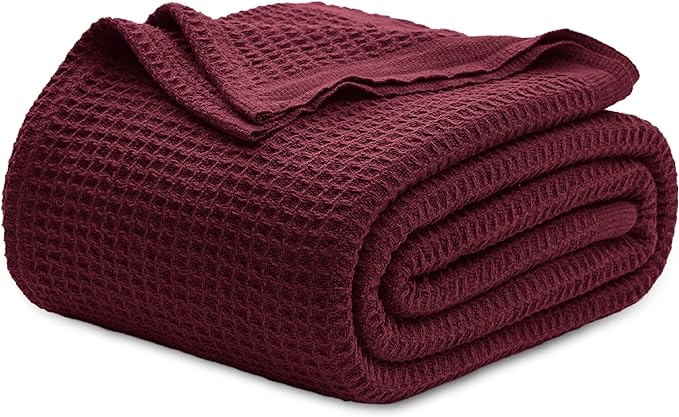 Bedsure 100% Cotton Blanket King Size for Bed - Breathable and Soft, Waffle Weave Blanket for Summer Spring, Burgundy Red, 104x90 inches