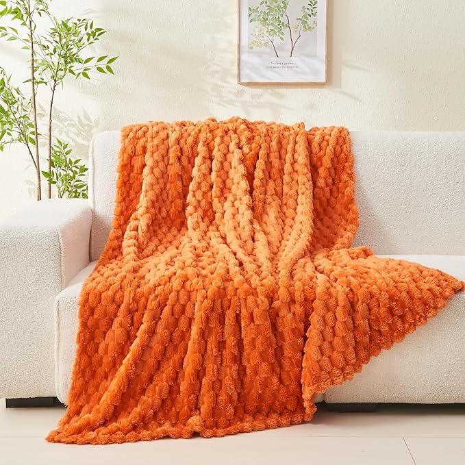 NEWCOSPLAY Super Soft Fall Twin Blanket Orange Premium Silky Flannel Fleece 3D Clouds Stylish Jacquard Lightweight Bed Blanket All Season Use 350GSM (Orange, Twin(60"x80"))