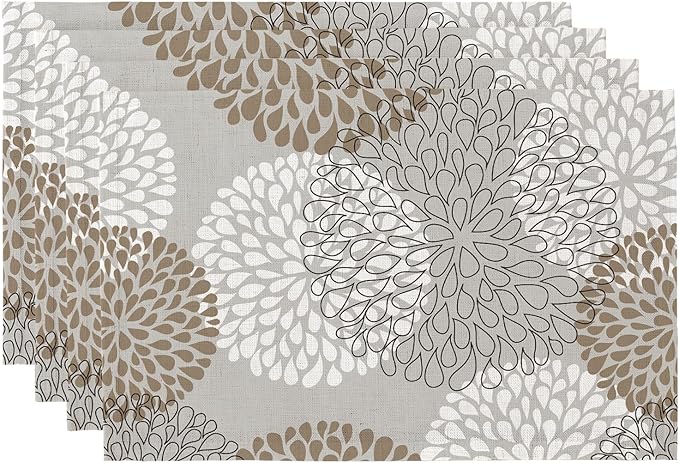 QIYI Boho Placemats Set of 4, 12x18 Inch Linen Fabric Place Mats for Kitchen Dinning, Farmhouse Rustic Floral Cloth Table Mats, Washable Placemat Party Table Décor, Brown Floral Burst