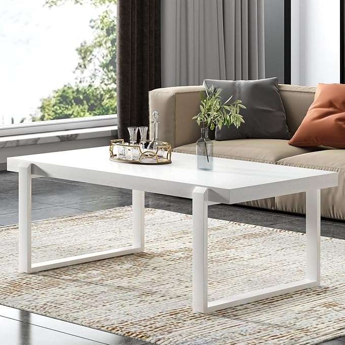FOLUBAN White Coffee Table, Modern Rustic Wood and Metal Center Table, Rectangle Cocktail Tea Table for Living Room, 47 Inch
