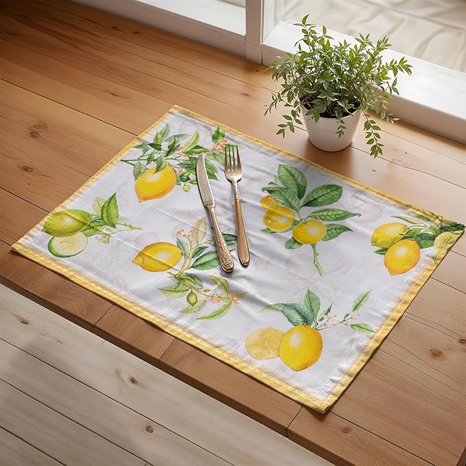 Maison d' Hermine Placemats Set of 4 100% Cotton Washable Cloth Place Mats, Reusable Table Mats for Kitchen Dining Decoration, Party, Wedding, Restaurant Spring/Summer (Limoncello, 13" x 19")