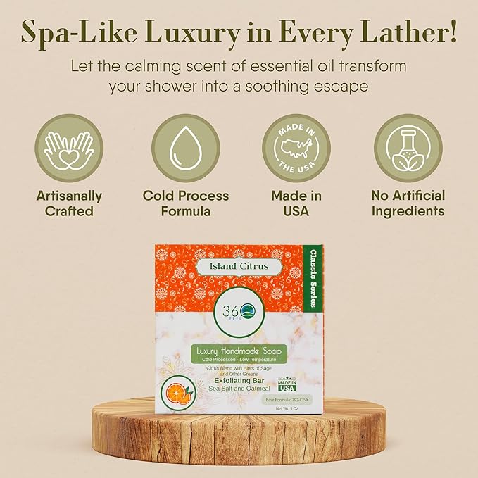 360Feel Island Citrus Soap - Handcrafted Castile Bar Soap with a Tropical Scent - Handmade with Essential Oils - Ideal Gift for Anniversaries, Weddings, and Holiday Stockings - Rich Lather - 5 Ounce