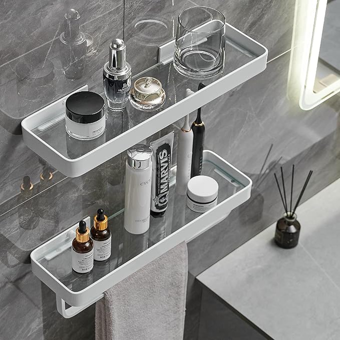 VOLPONE Bathroom Shelves Wall Mounted 2 Tier Glass Floating Shelf - Tempered Glass Wall Organizer (White)