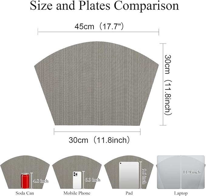 SHACOS Wedge Placemats Set of 4 for Small Round Table Woven Vinyl Non Slip Heat Resistant Table Place Mats Wipe Clean Indoor Outdoor (4, Gray)