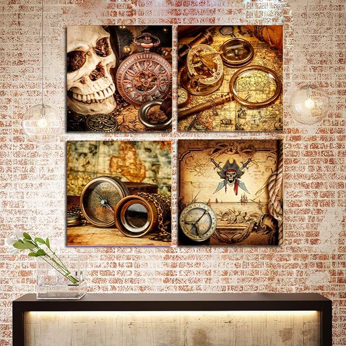 The pirates 4pcs Modern Salon Theme and Adventure map Abstract Painting Still Life Canvas Wall Art for Home Decor Compass and magnifying glass Canvas Print Wall Art Painting For Living Room Decor
