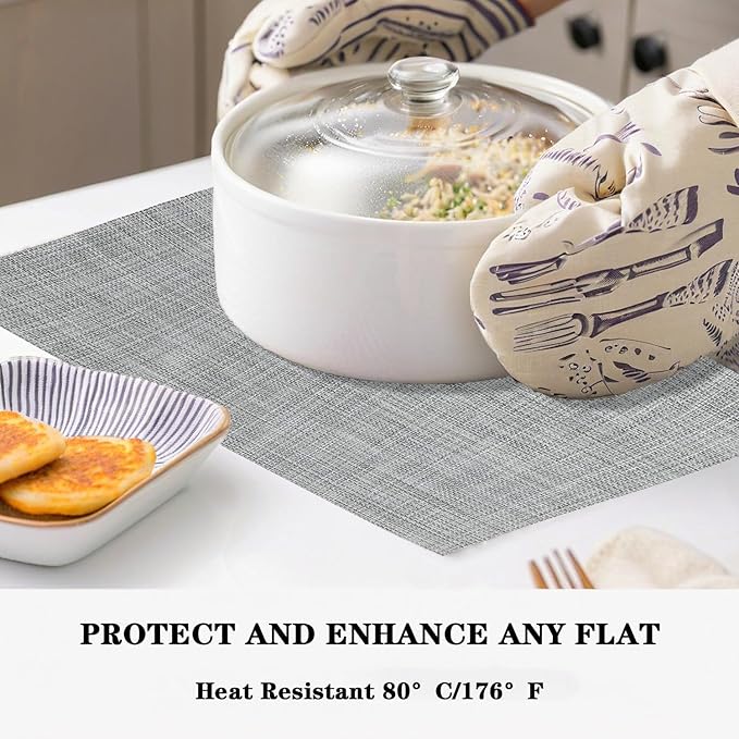 Grey Placemats Set of 4 - Heat Resistant Non-Slip Place mats for Dining Table, Washable Durable PVC Vinyl Woven Table Mats (Grey, 4)