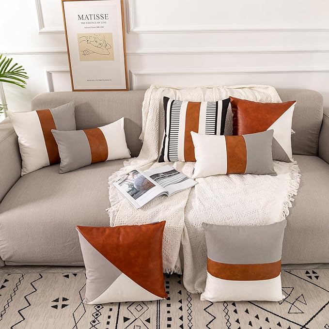 Farmhouse Decorative Throw Pillow Cover for Sofa Couch Accent Faux Leather Square Cushion Cover Tribal Stripe Boho Pillow Case 18 x 18 Inch,Black