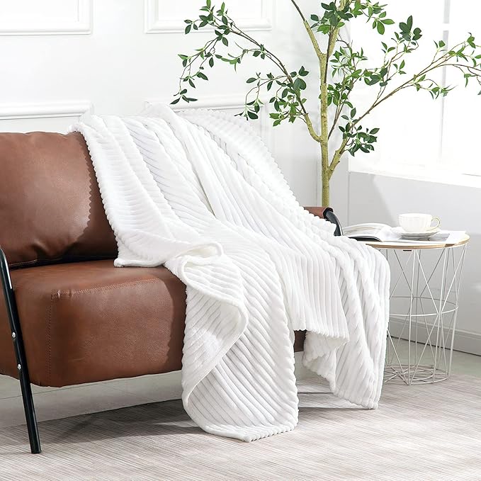 Vessia Flannel Fleece White Throw Blanket(50X70 Inch), Lightweight Warm and Soft Stripe Couch Blanket, Bed Blanket, Cozy Comfy Microfiber Ribbed Sofa Decor for All Season