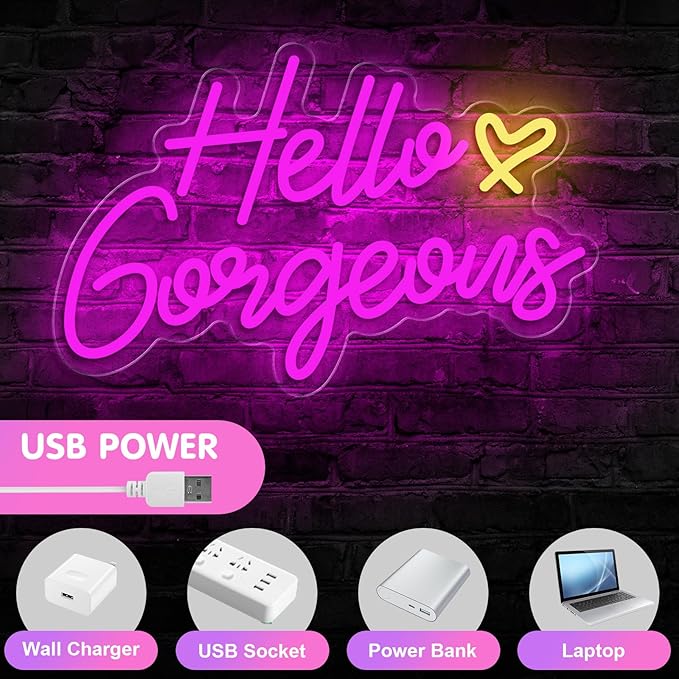 Hello Gorgeous Neon Sign, Hello Led Neon Sign for Home Wedding Birthday, Hello Beautiful LED Neon Lights Party Decorations(Adjustable Brightness)