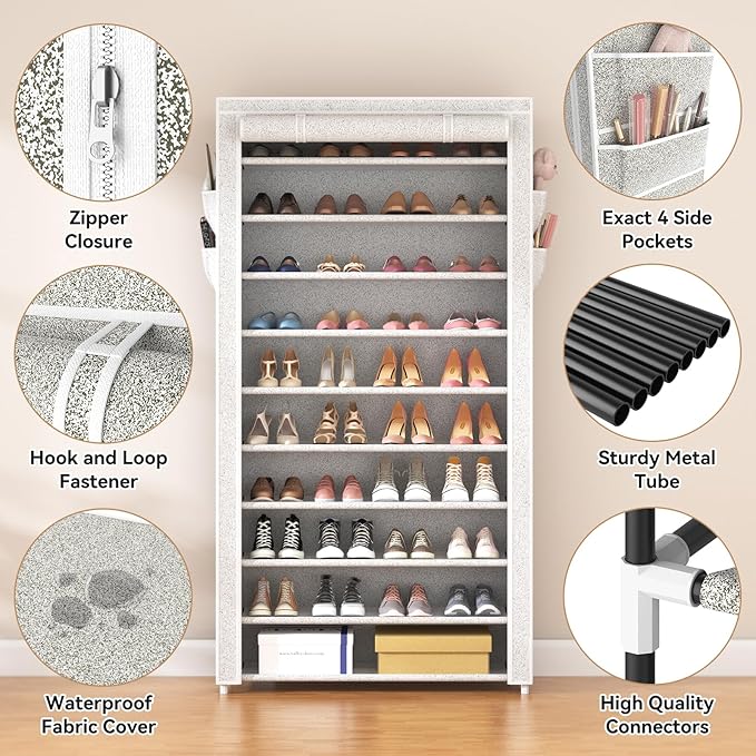 ROJASOP 10 Tier Shoe Rack with Covers Large Capacity Stackable Tall Shoe Shelf Storage for 50-55 Pairs Shoe and Boot, Sturdy Free Standing Shoe Rack Organizer for Closet, Entryway, Bedroom