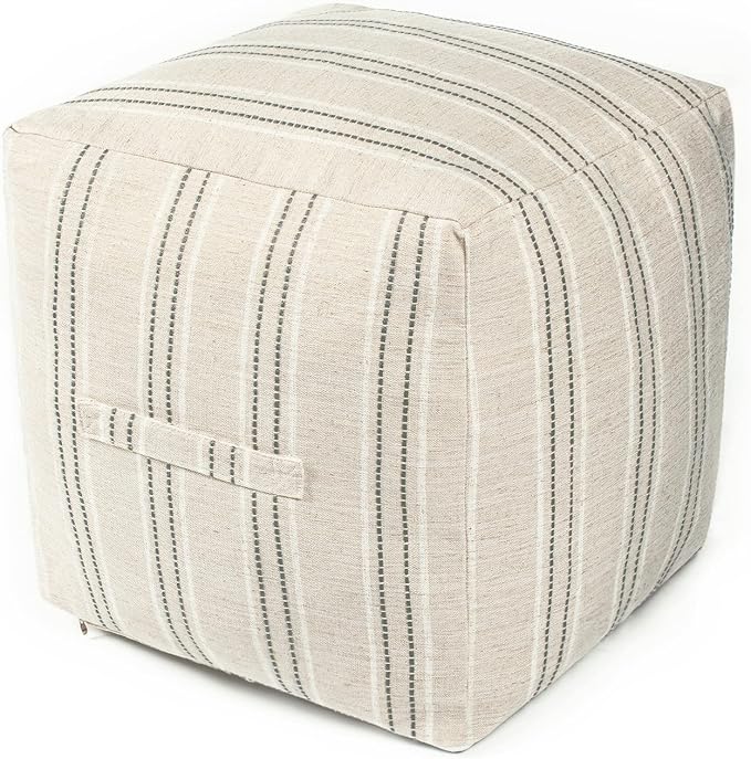 AELS Unstuffed Farmhouse Pouf Cover for Living Room, Boho Storage Bean Bag Cubes, Beige with Gray Stitch Yarn Dyed Stripe Linen Square Ottoman Pouf Foot Rest Footstool, 18"x18"x18", Cover ONLY