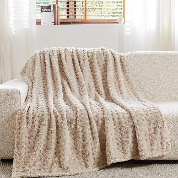 NEWCOSPLAY Super Soft King Blanket Linen Premium Silky Flannel Fleece 3D Waffle Checkered Lightweight Bed Blanket All Season Use (Linen, King(90"x110"))
