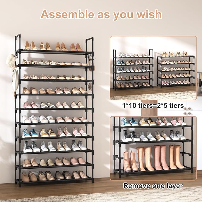 VTRIN 10-Tier Shoe Rack - Large Capacity 50 Pair Organizer with Two Hooks - Sturdy Metal Shoe Shelf for Entryway, Closet, Bedroom