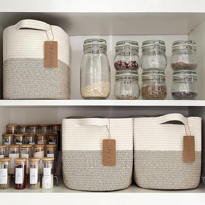 Goodpick Woven Storage Basket for Shelves, Cotton Rope Dog Toy Bin, Empty Gift Basket with Handles, Square Baskets for Storage, Brown and White Storage Bin, 13 x 10 x 9 Inches