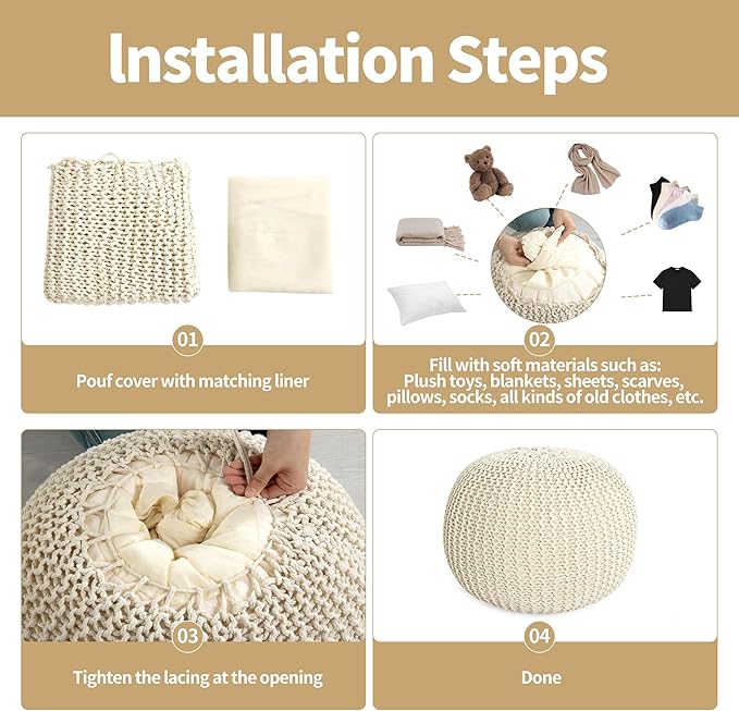 HOMBYS Unstuffed Ottoman Pouf Cover, 100% Cotton Handmade Knitted Ottoman Pouf Cover Round Foot Stool, Floor Bean Bag Chair, Foot Rest with Storage for Living Room Bedroom, Beige(Cover ONLY NO Filler)