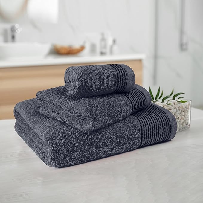 Belizzi Home Ultra Soft 3 Pack Cotton Towel Set, Contains a Bath Towel 28x55 inch, a Hand Towel 16x24 inch & a Wash Coth 12x12 inch, Ideal Everyday use, Compact & Lightweight -Charcoal Grey