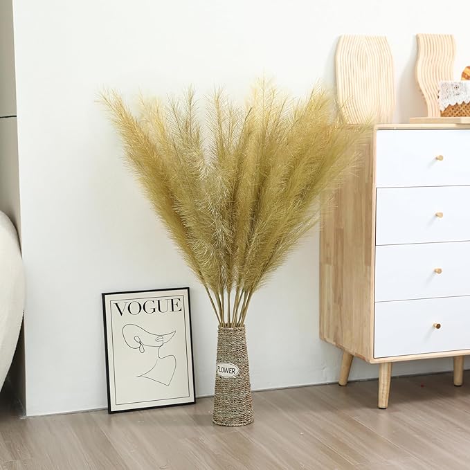 Gold Pampas Grass Decor - 45-Inch Set of 8 | Faux Tall Pampas Grass Soft and Fluffy | Perfect for Wedding Centerpieces, Great Gatsby Party Decorations and Glam Room Decor