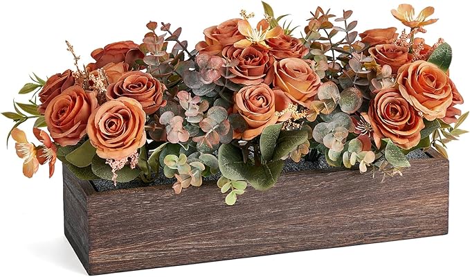 Dahey Centerpiece Table Decorations for Dining Room Farmhouse Living Room Table Centerpieces Decor Wood Tray with 3 Artificial Flowers and 2 Eucalyptus for Kitchen Table, 14.1" x 4.7" x 3.1", Orange