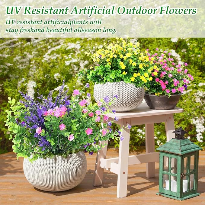 20 Bundles Realistic Artificial Flowers for Outdoors, UV Resistant No Fade Fake Flowers with Plastic Faux Shrubs Plants for Garden Patio Porch Window Box Home Wedding Farmhouse Outside Hanging Decor