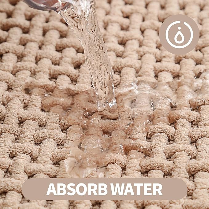 Washable Bathroom Rugs: 32x20 Beige Bath Mat – Non Slip Chenille Bathmat for Bathroom Floor & Shower