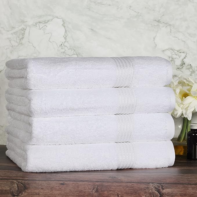 Superior Egyptian Cotton 4-Piece Bath Towel Set for Shower, Bath, Spa, Resort, Hotel, Soft Body Towels, Airbnb Essentials, Apartment, Dorm, Quick Dry, Absorbent, Bathroom Basics, White