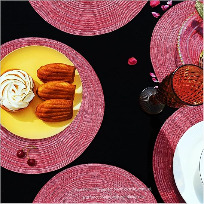 FunWheat Round Braided Placemats Set of 8 Place mats for Dining Tables Woven Heat Resistant Table Mats 15 inch(Raspbreey Wine,8pcs)