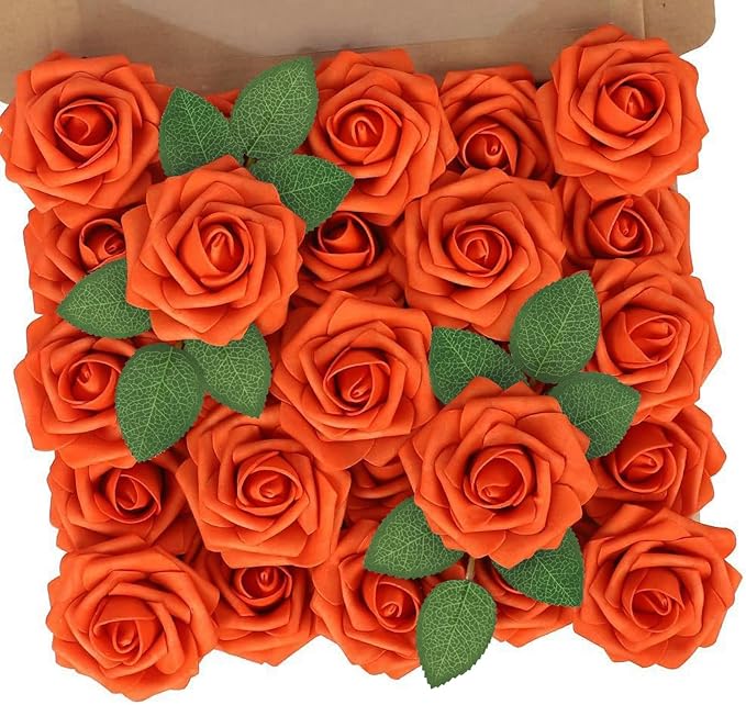 N&T NIETING Artificial Flowers, Fake Flowers Burnt Orange Roses Perfect for DIY Wedding Bridal Bouquets Centerpieces Bridal Shower Party Home Flower Arrangement Decorations, 25Pcs