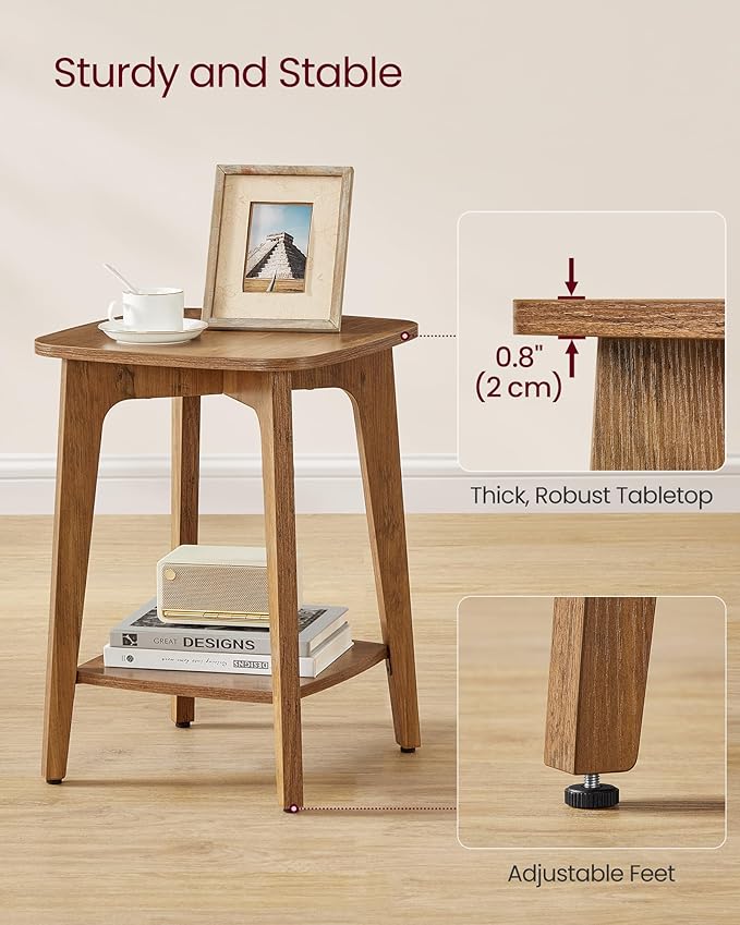 VASAGLE Side Table, Small Square End Table with Lower Shelf, Nightstand for Small Spaces, Living Room, Bedroom, Honey Brown ULET236K01