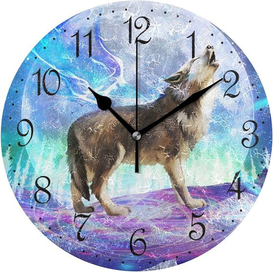 ALAZA Wall Clock Wolf Moon Silent Non-Ticking Decorative Wall Clocks Battery Operated 10 Inch for Home Living Room Kitchen Bathroom Bedroom