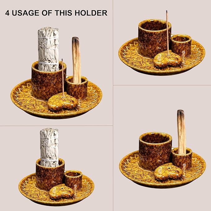 4 in 1 Incense Burner Holder,Incense Sage and Palo Santo Holder,Incense Stick Holder,Ceramic Incense Holder Ash Catcher,for Meditation Room (Yellow)