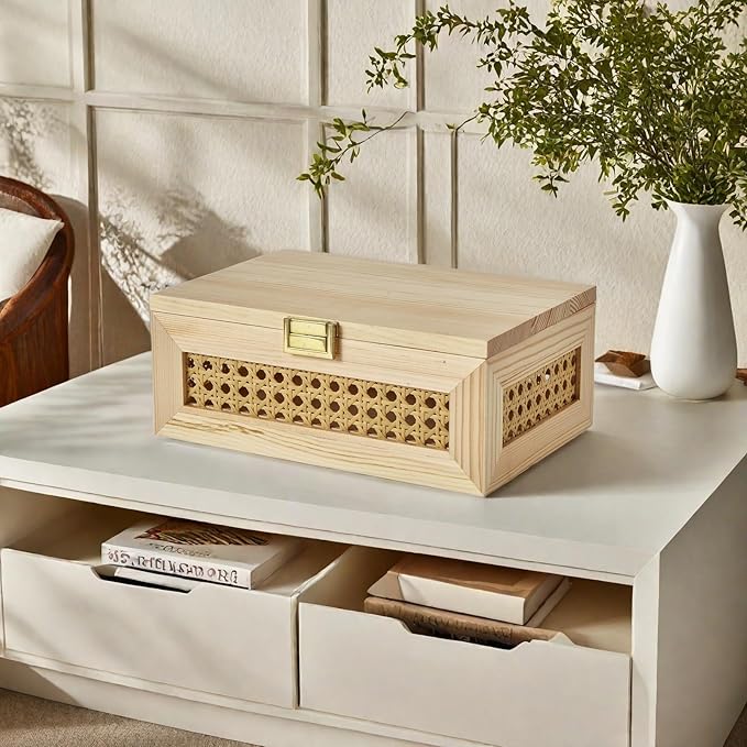 Decorative Rattan Storage Boxes Solid Wood Woven Baskets Bins with Lid Keepsake Memory Jewelry Box Natural Boho Shelf Wicker Closet Desk Organizer Container (Light Wood, Small Size)