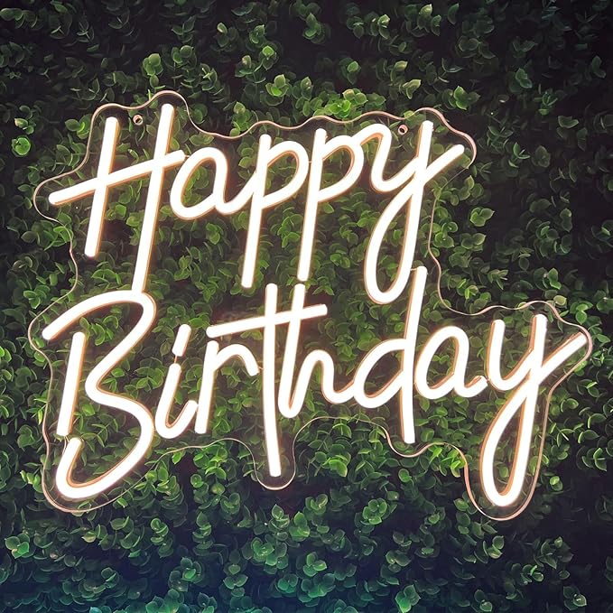 Happy Birthday Neon Sign for Wall Decor, Warm White LED Neon Light Signs, Dimmable Art Decoration Happy Birthday Neon Light Sign for All Birthday Party Decoration 15.7×13 Inch
