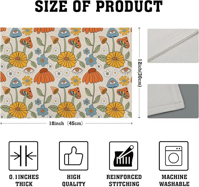 Retro Boho Floral Placemats Set of 4 70s Vintage Cute Abstract Mushrooms Fun Linen Washable Kitchen Dining Table Mats Stain Heat-Resistant Desktop Decor Place Mats for Home Party Dinner 12x18 in