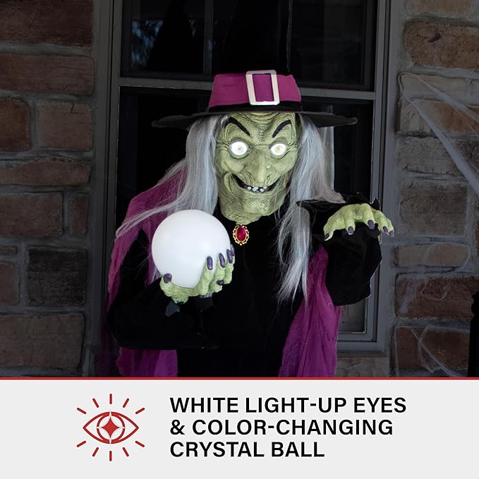 Haunted Hill Farm 6-Ft. Tall Fortune Teller Witch, Plug-in Motion-Activated Talking Scare Prop Halloween Animatronic for Indoor or Covered Outdoor Creepy Decorations